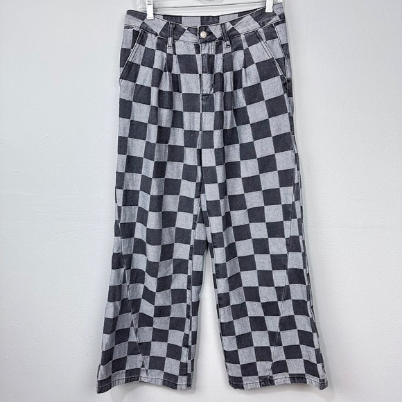 Unbranded Pants - Checkered Wide Leg Trouser Jeans Women Size 8 Grey High Rise Pleated Front Pants